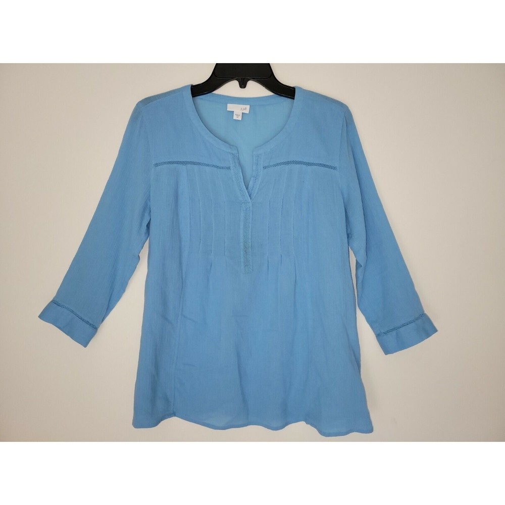 J Jill Womens Top Blue Crinkled-Cotton Pleated V-Neck 3/4 Sleeve Size XS